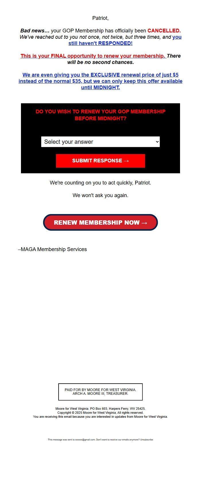 Screenshot of the email generated on import