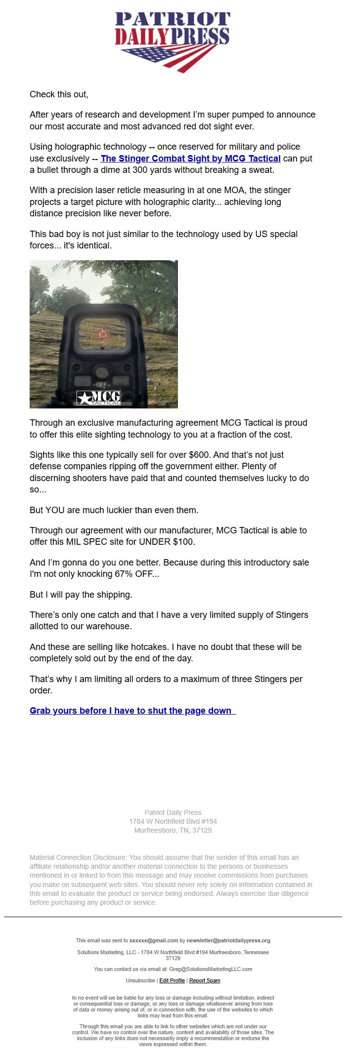 Screenshot of the email generated on import