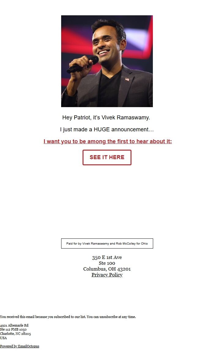 Screenshot of the email generated on import