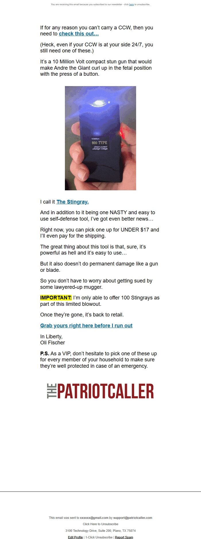 Screenshot of the email generated on import