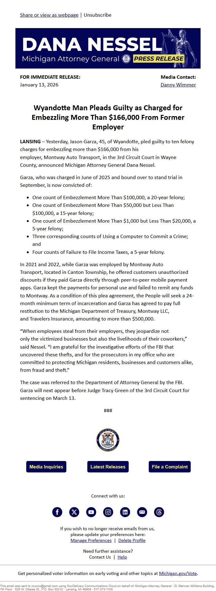 Screenshot of the email generated on import