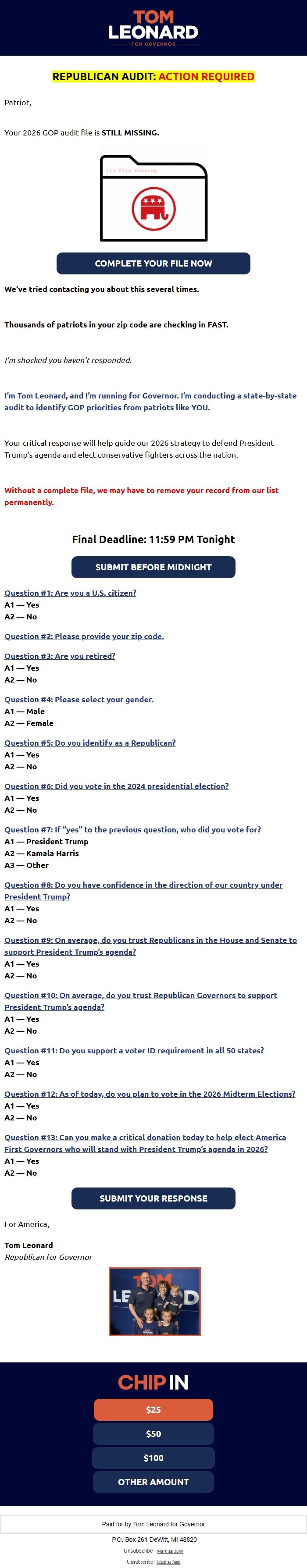 Screenshot of the email generated on import
