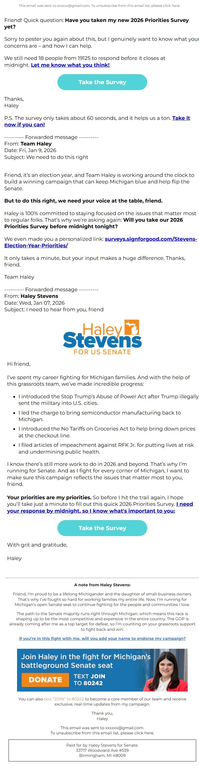 Screenshot of the email generated on import