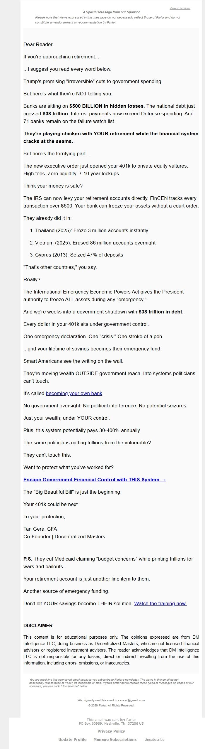 Screenshot of the email generated on import