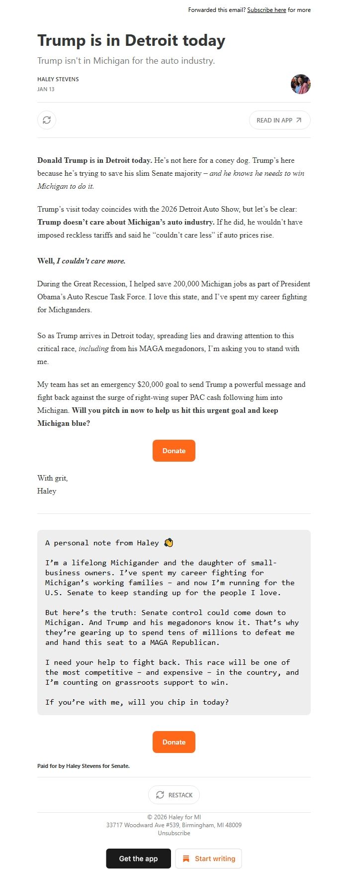 Screenshot of the email generated on import