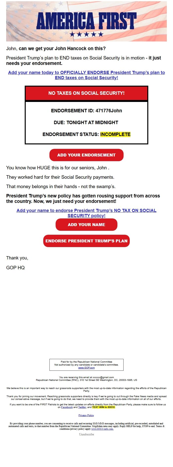 Screenshot of the email generated on import