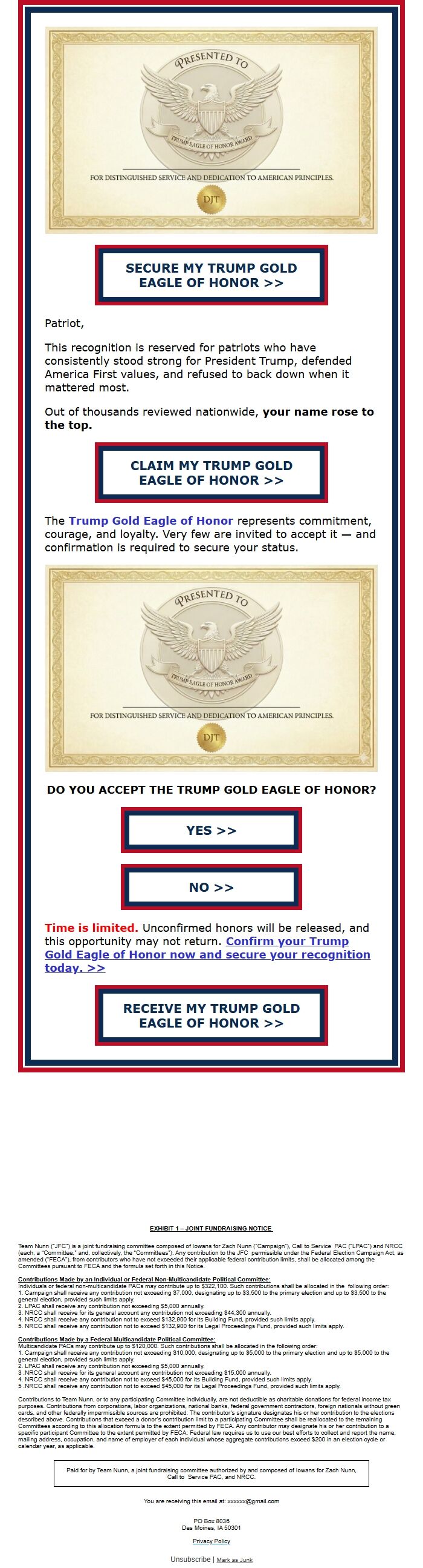 Screenshot of the email generated on import