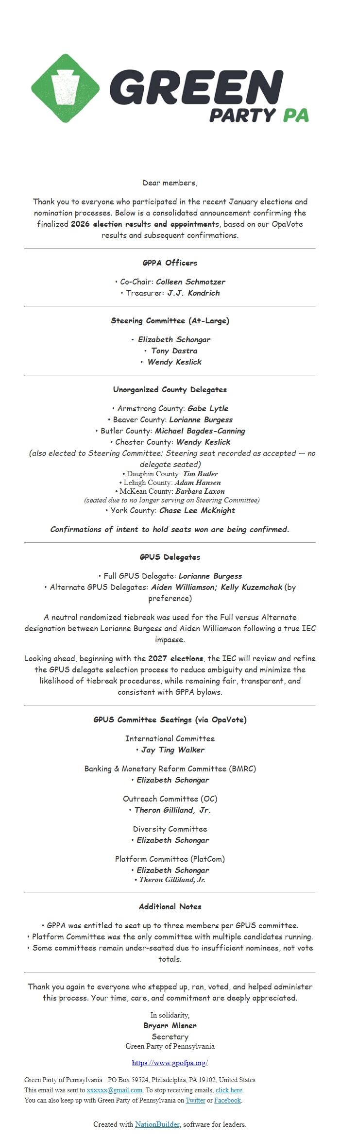 Screenshot of the email generated on import