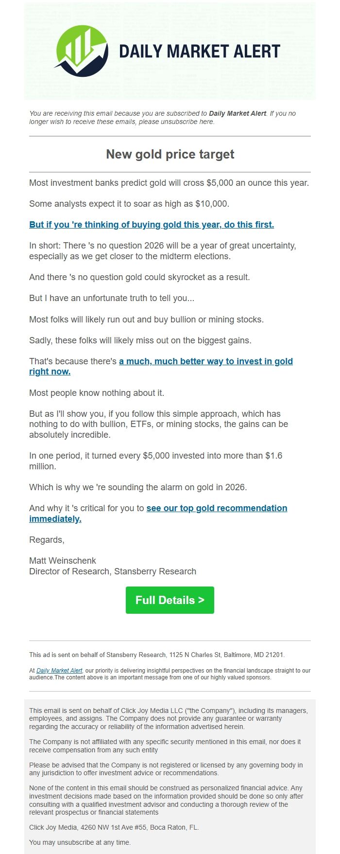 Screenshot of the email generated on import