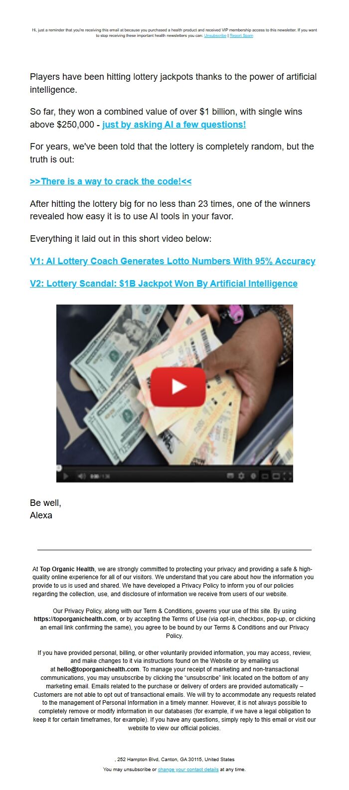 Screenshot of the email generated on import