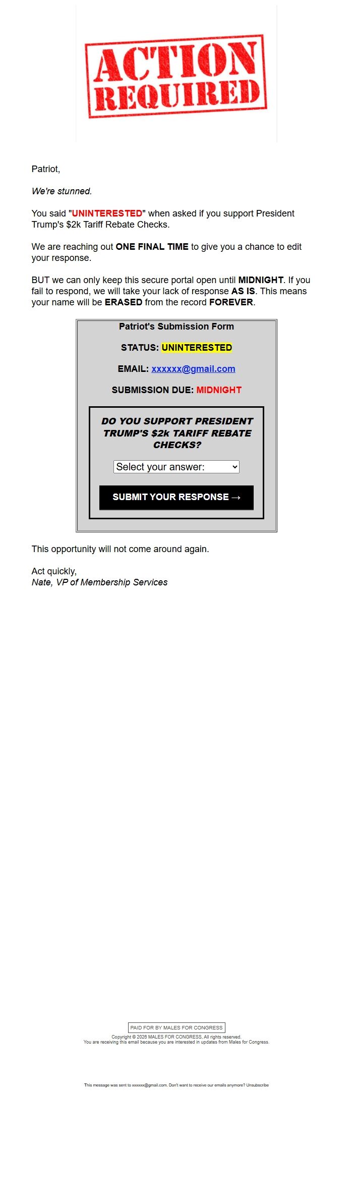 Screenshot of the email generated on import