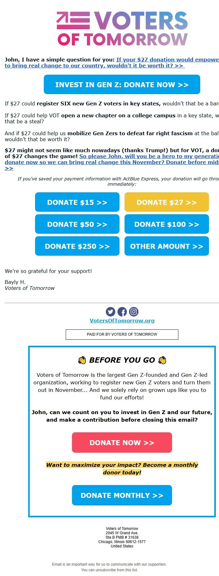 Screenshot of the email generated on import