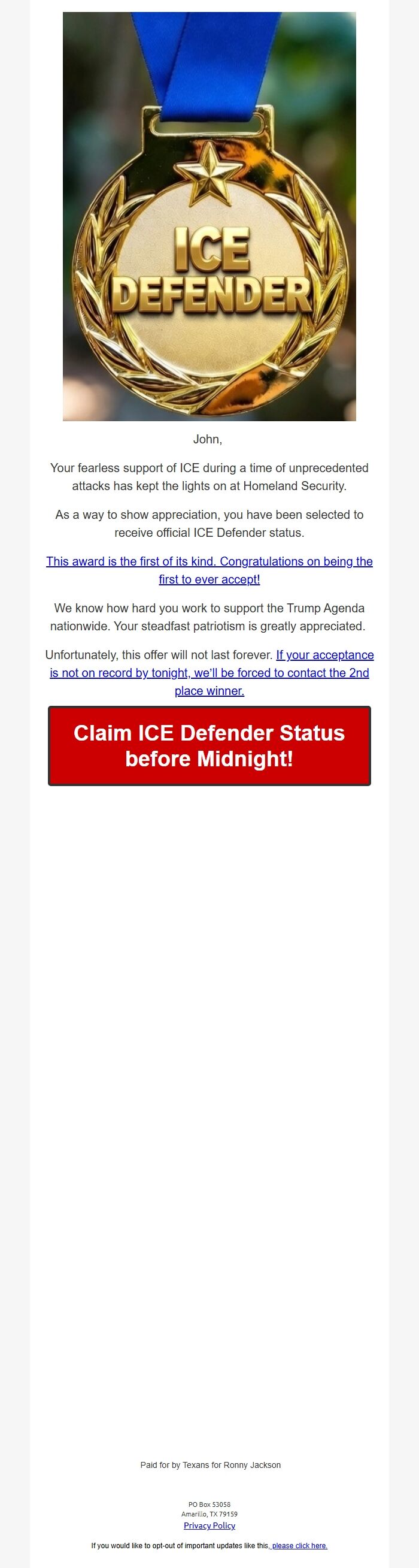 Screenshot of the email generated on import