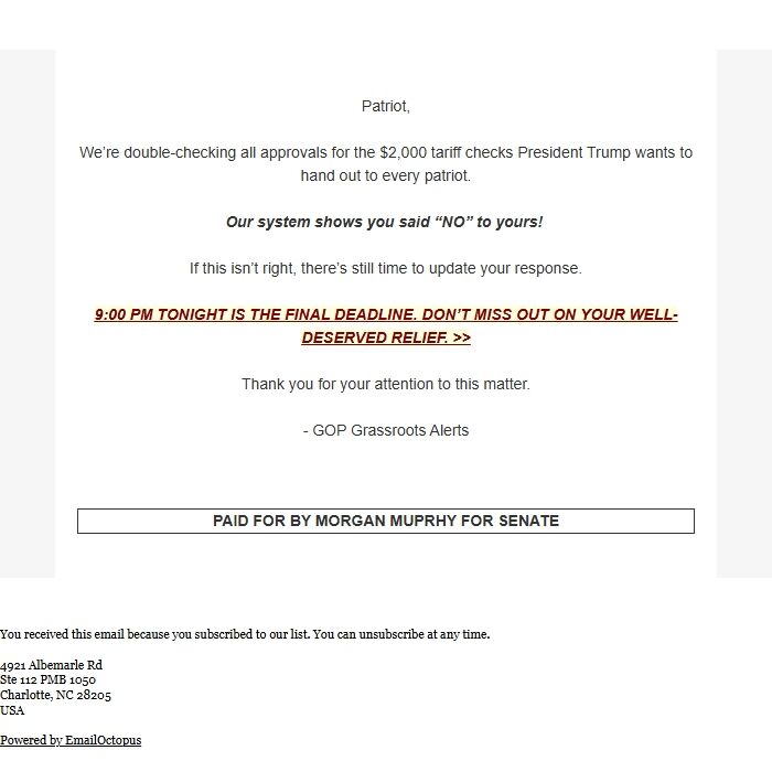 Screenshot of the email generated on import