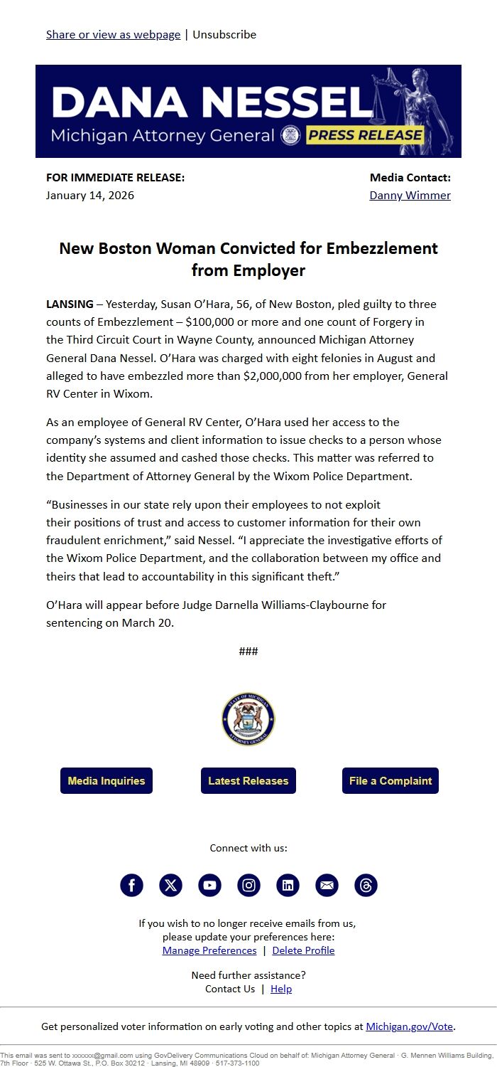 Screenshot of the email generated on import