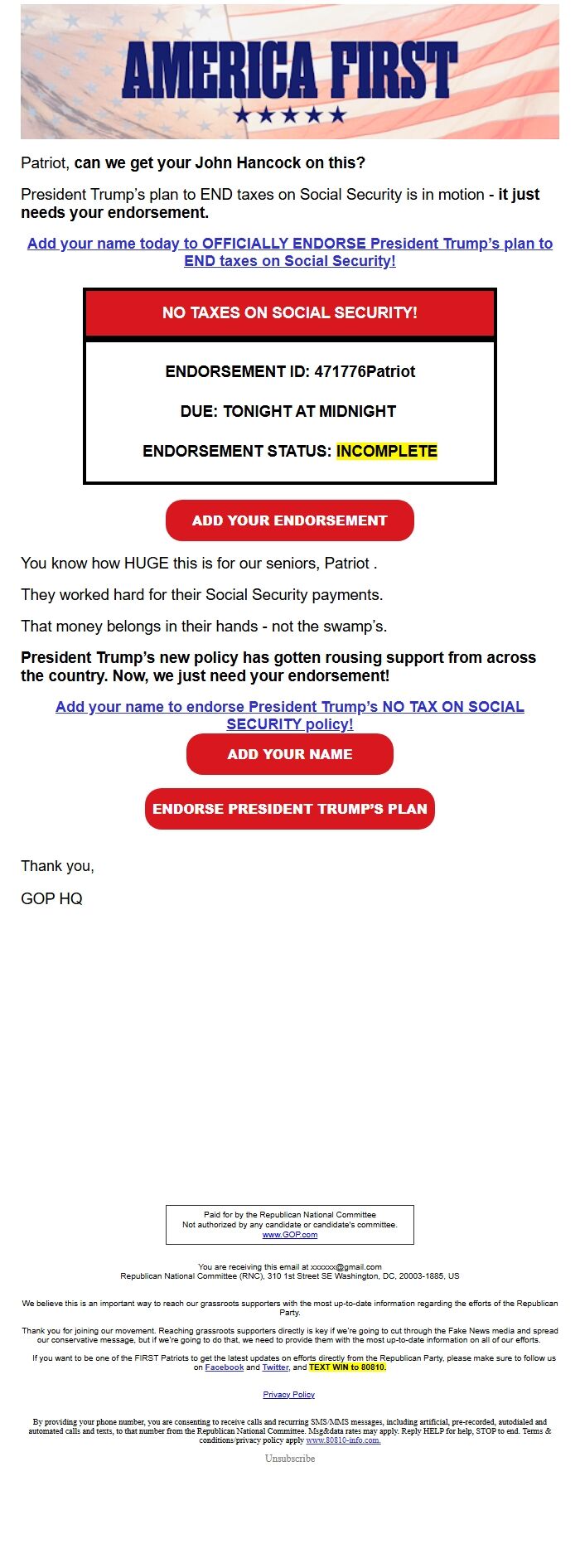 Screenshot of the email generated on import