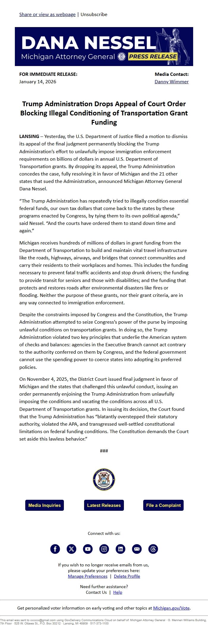 Screenshot of the email generated on import