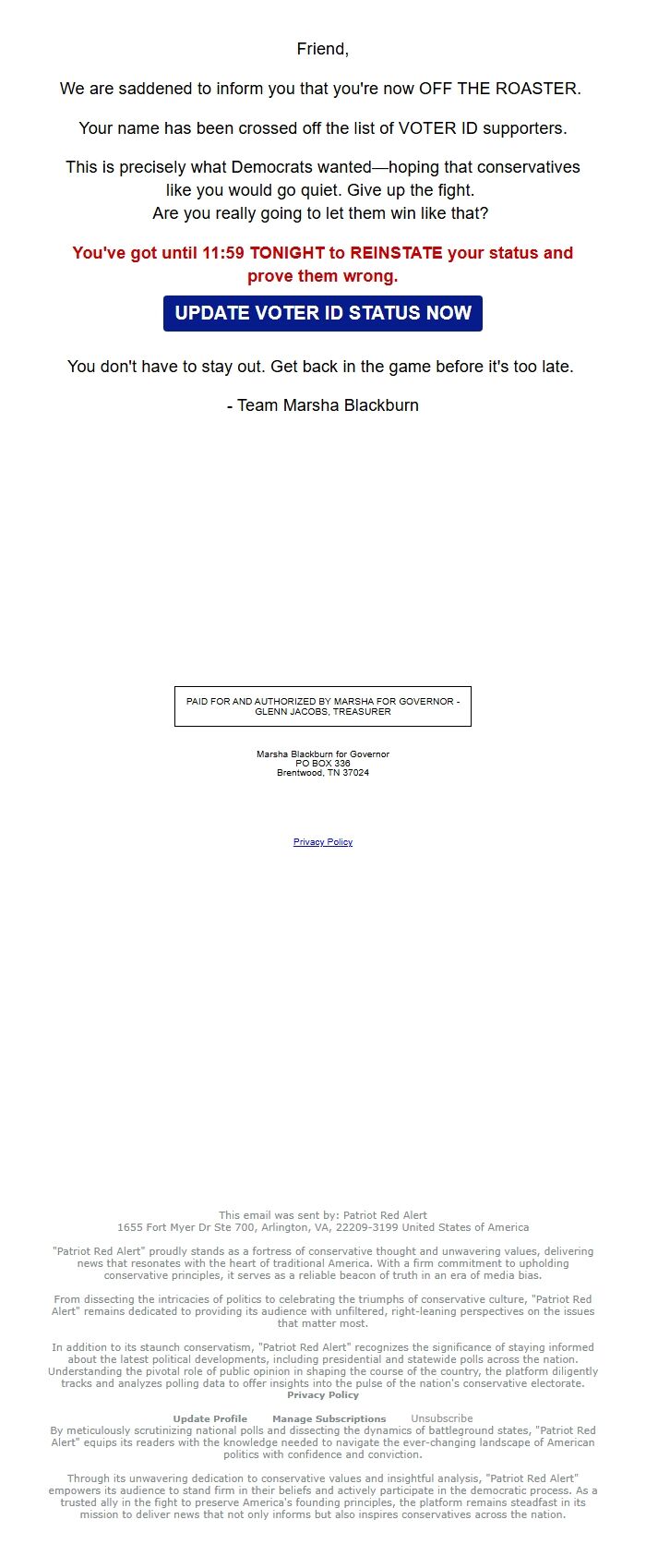 Screenshot of the email generated on import