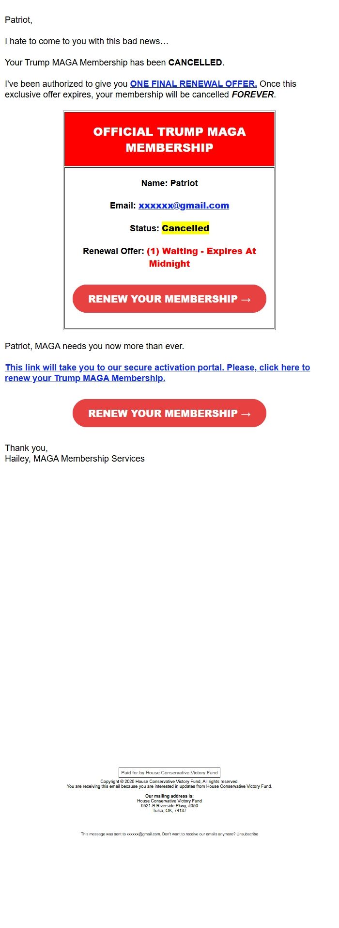 Screenshot of the email generated on import