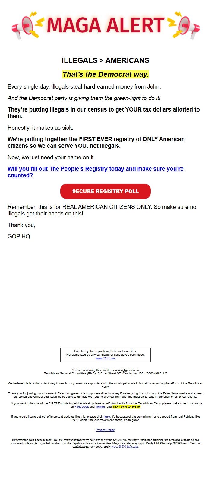 Screenshot of the email generated on import