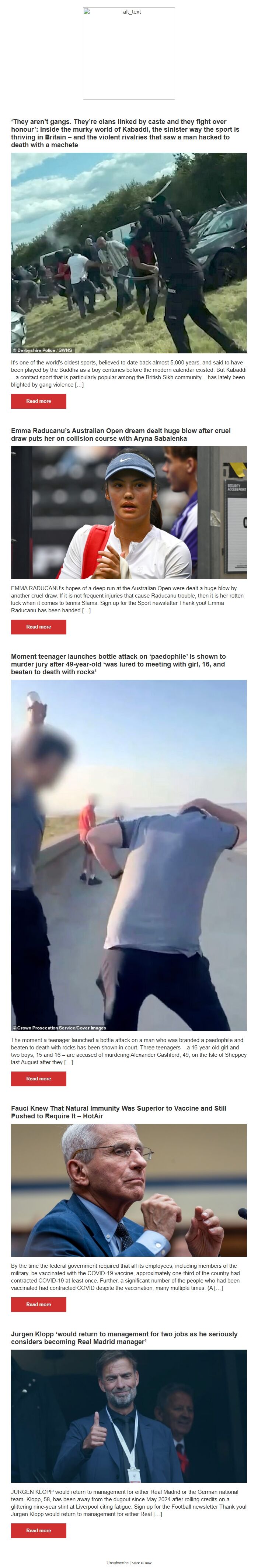 Screenshot of the email generated on import