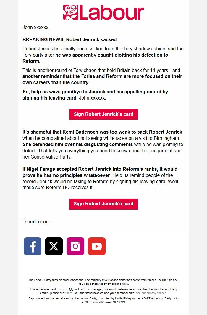 Screenshot of the email generated on import