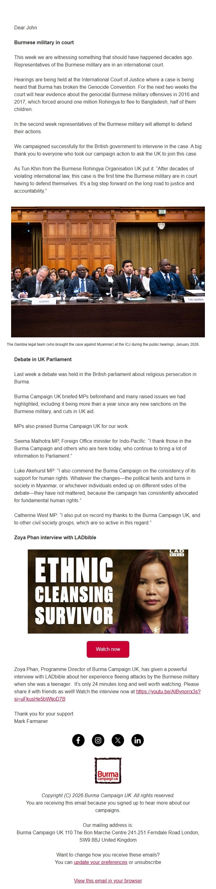 Screenshot of the email generated on import