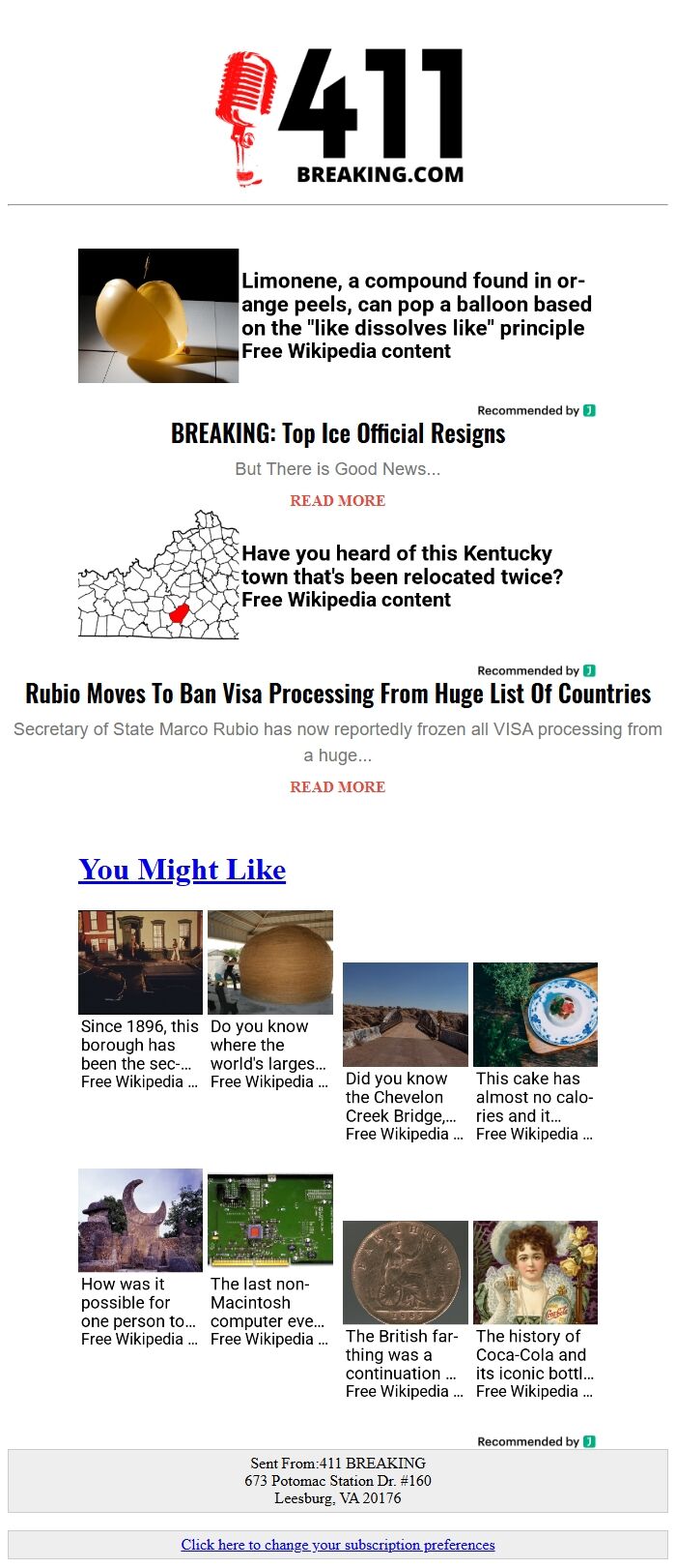 Screenshot of the email generated on import