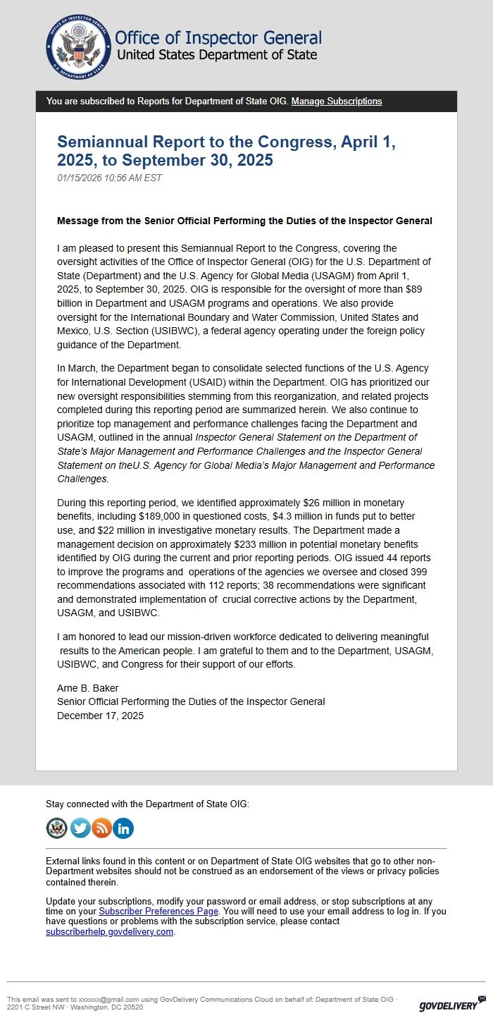 Screenshot of the email generated on import