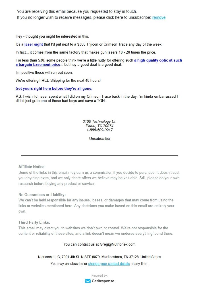 Screenshot of the email generated on import