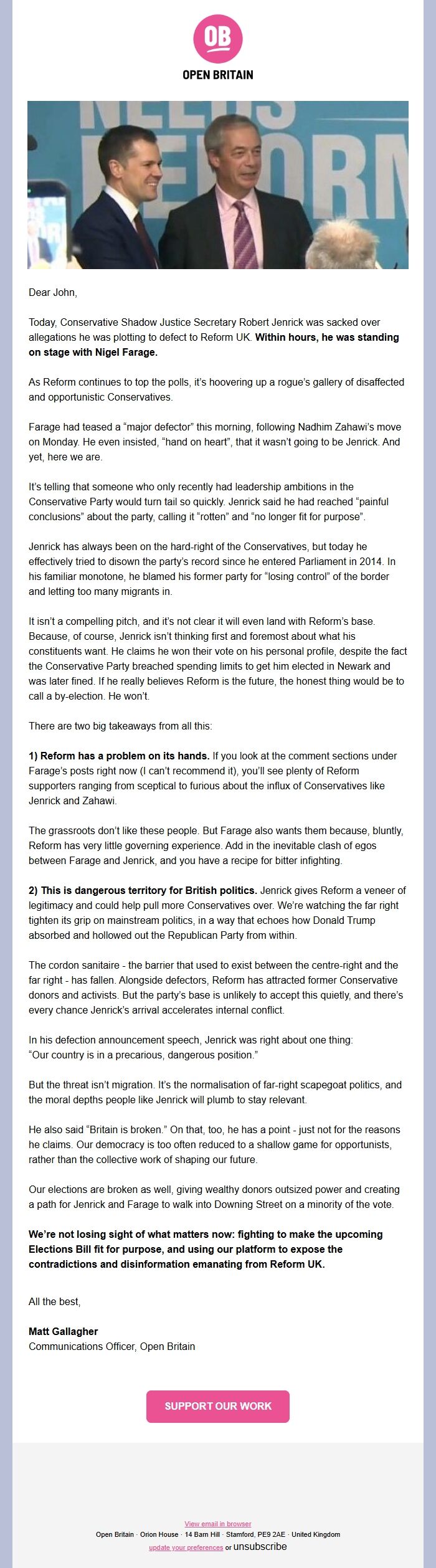 Screenshot of the email generated on import