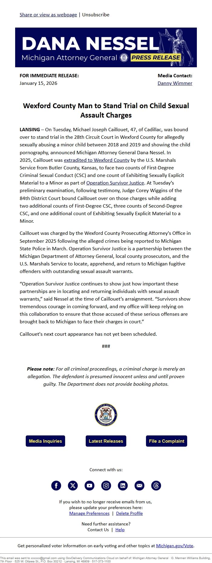 Screenshot of the email generated on import