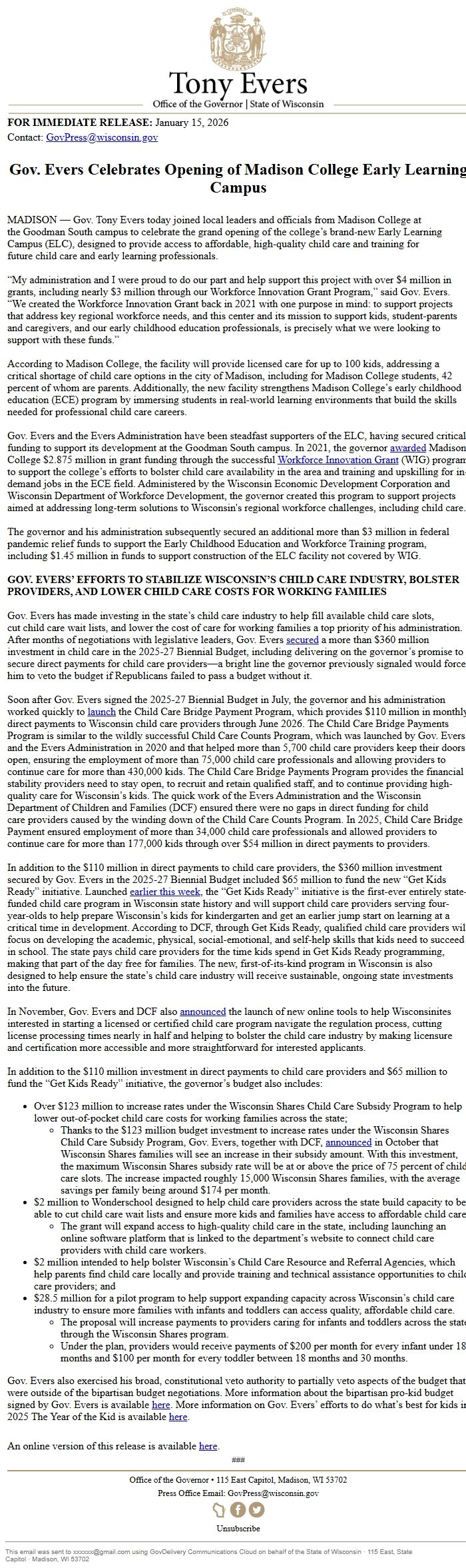 Screenshot of the email generated on import