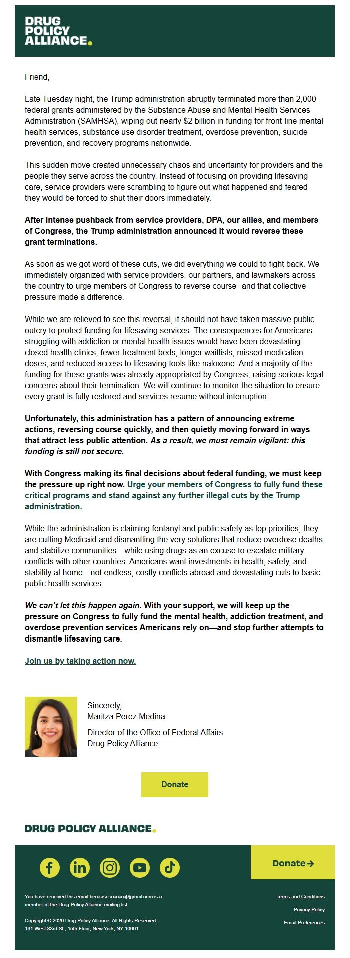 Screenshot of the email generated on import