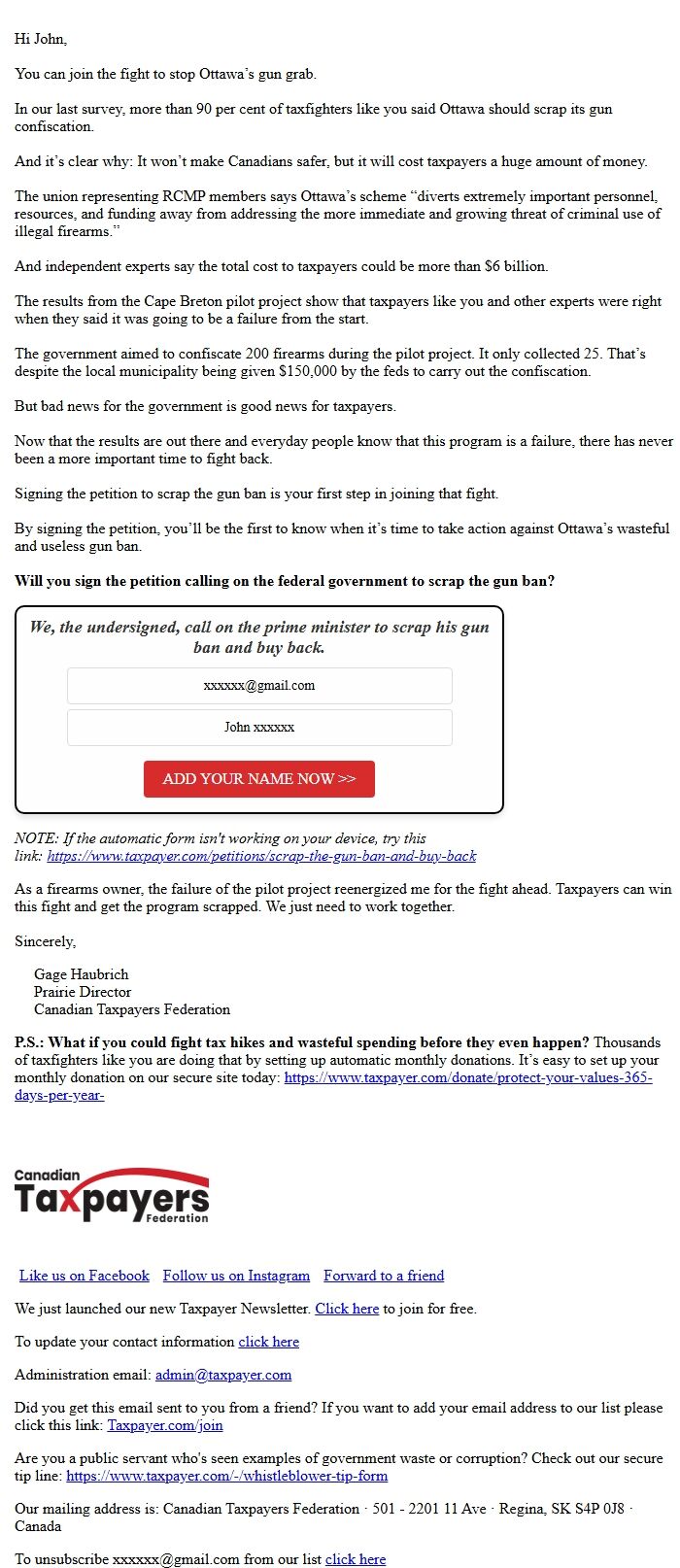 Screenshot of the email generated on import