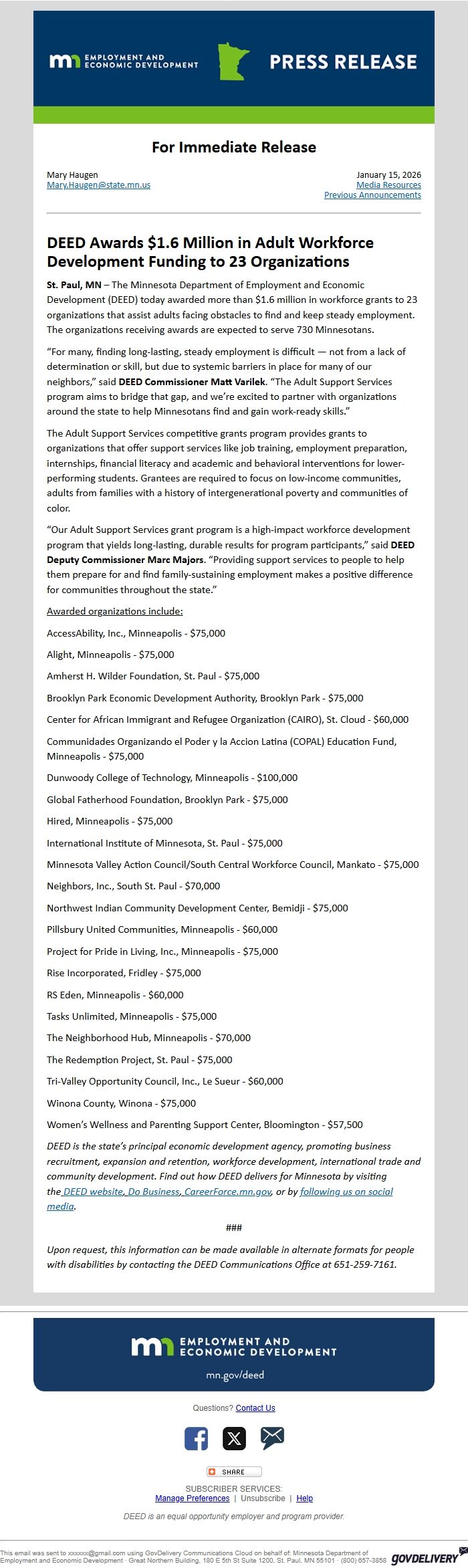 Screenshot of the email generated on import