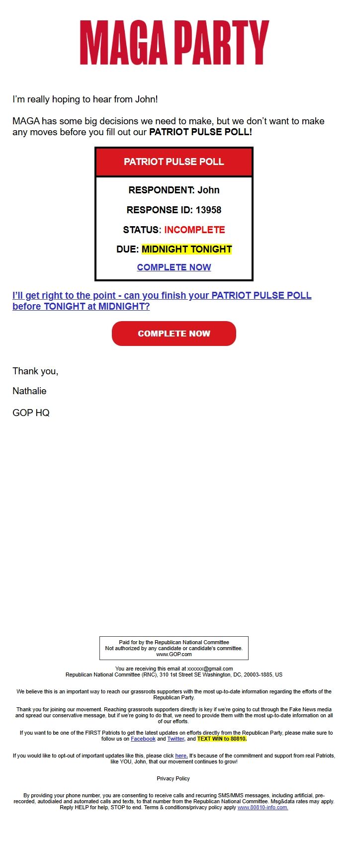 Screenshot of the email generated on import