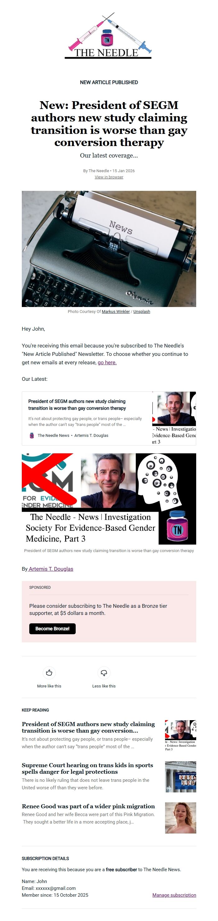 Screenshot of the email generated on import