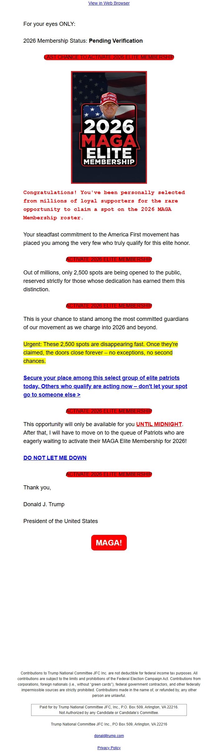 Screenshot of the email generated on import