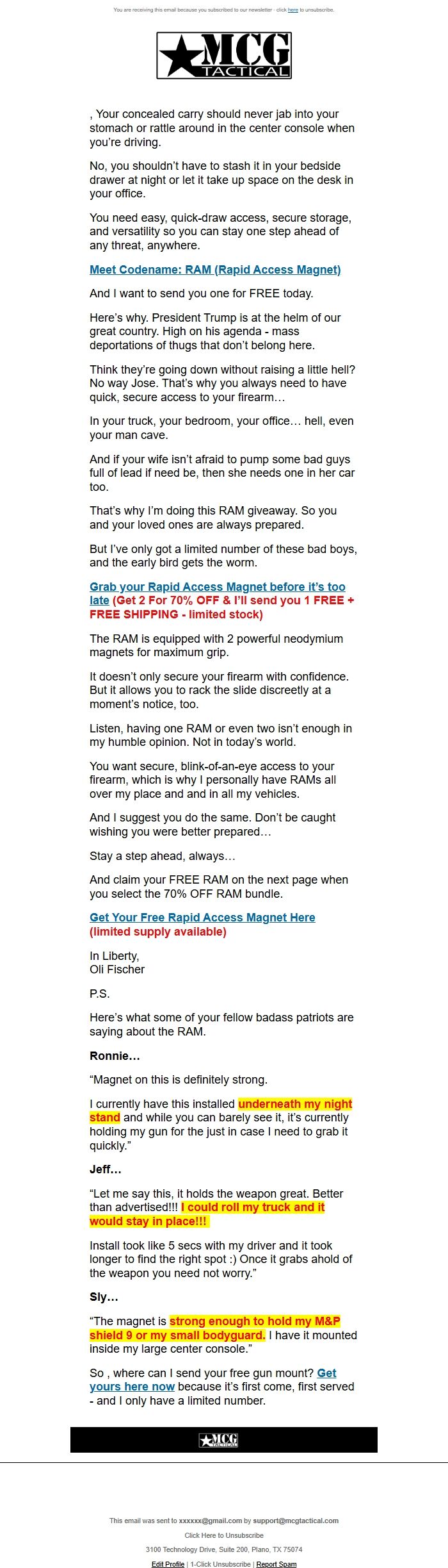 Screenshot of the email generated on import