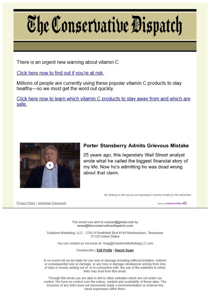 Screenshot of the email generated on import