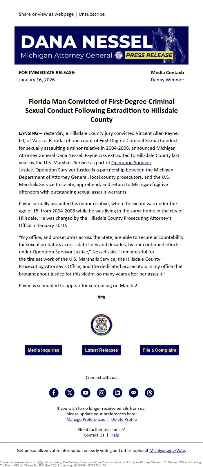 Screenshot of the email generated on import