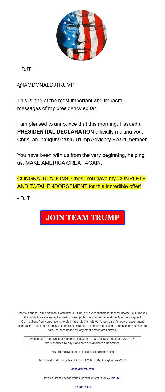 Screenshot of the email generated on import