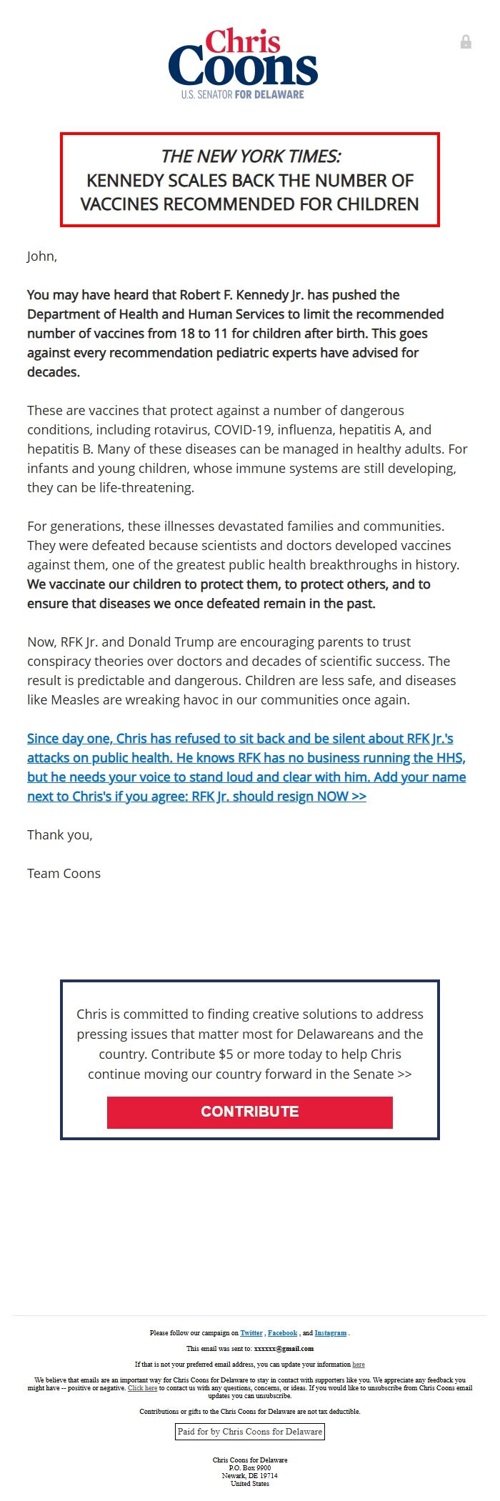 Screenshot of the email generated on import