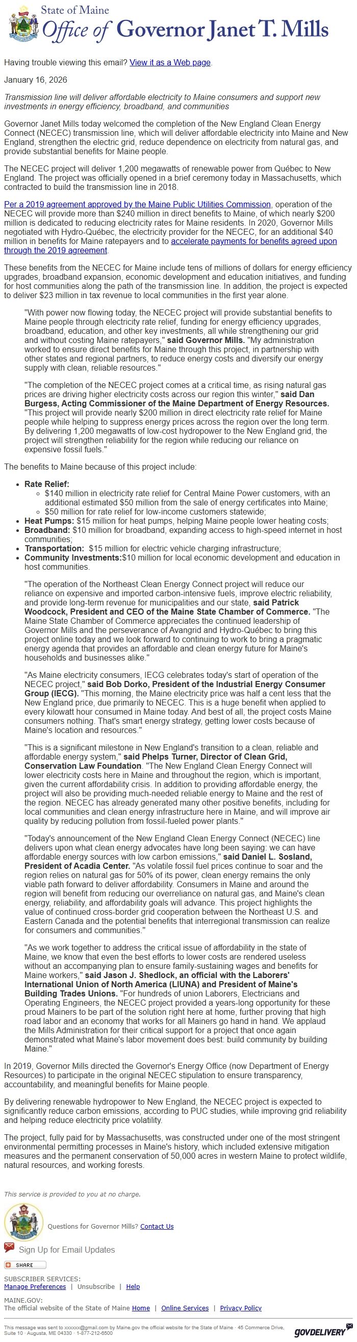 Screenshot of the email generated on import