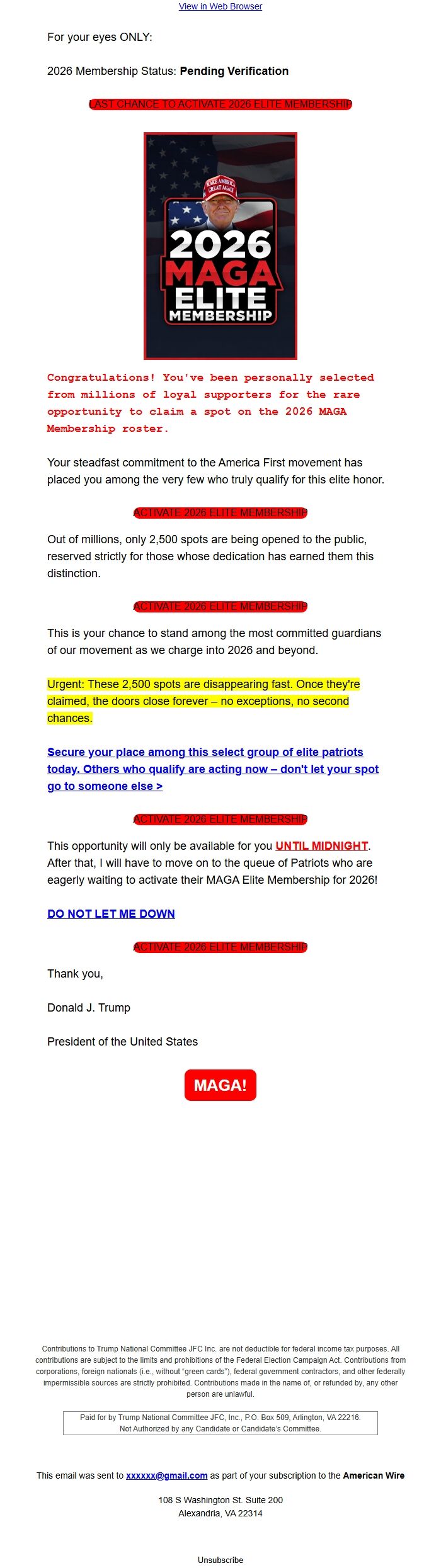 Screenshot of the email generated on import