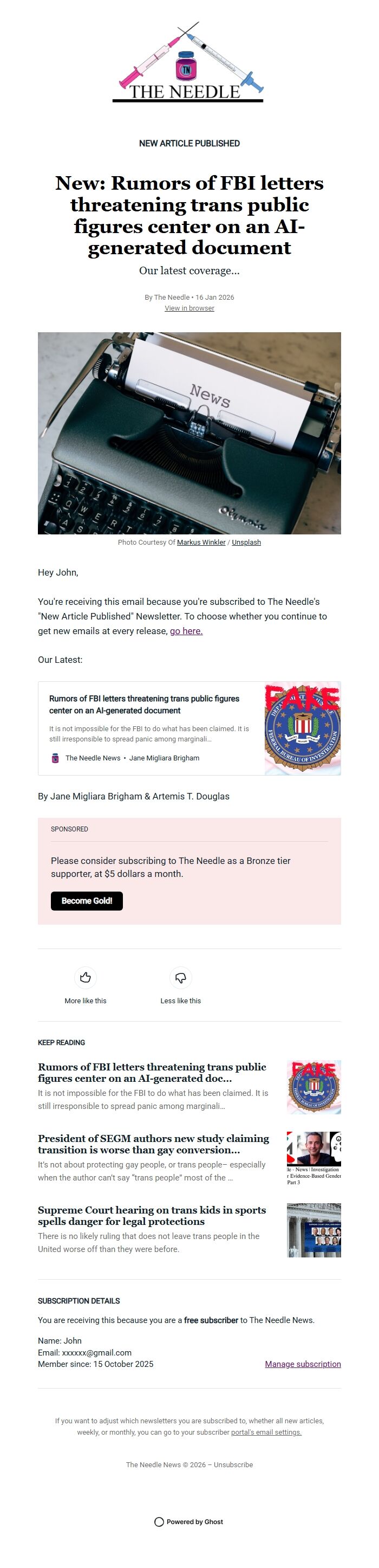 Screenshot of the email generated on import