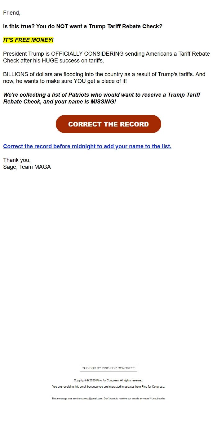 Screenshot of the email generated on import