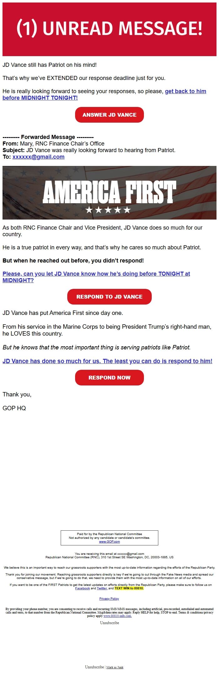 Screenshot of the email generated on import