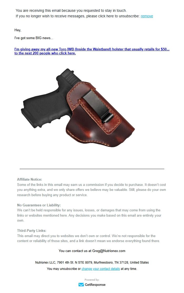 Screenshot of the email generated on import